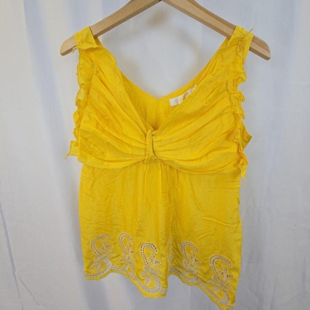 MM Couture Blouse Womens Medium Yellow V Neck Embroidered Hem Ruffle Top